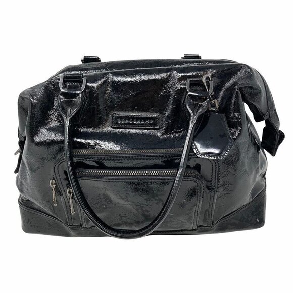 Longchamp Legende Bag Purse Black Patent Leather Pockets Dual Handle Zip Large - Picture 1 of 9